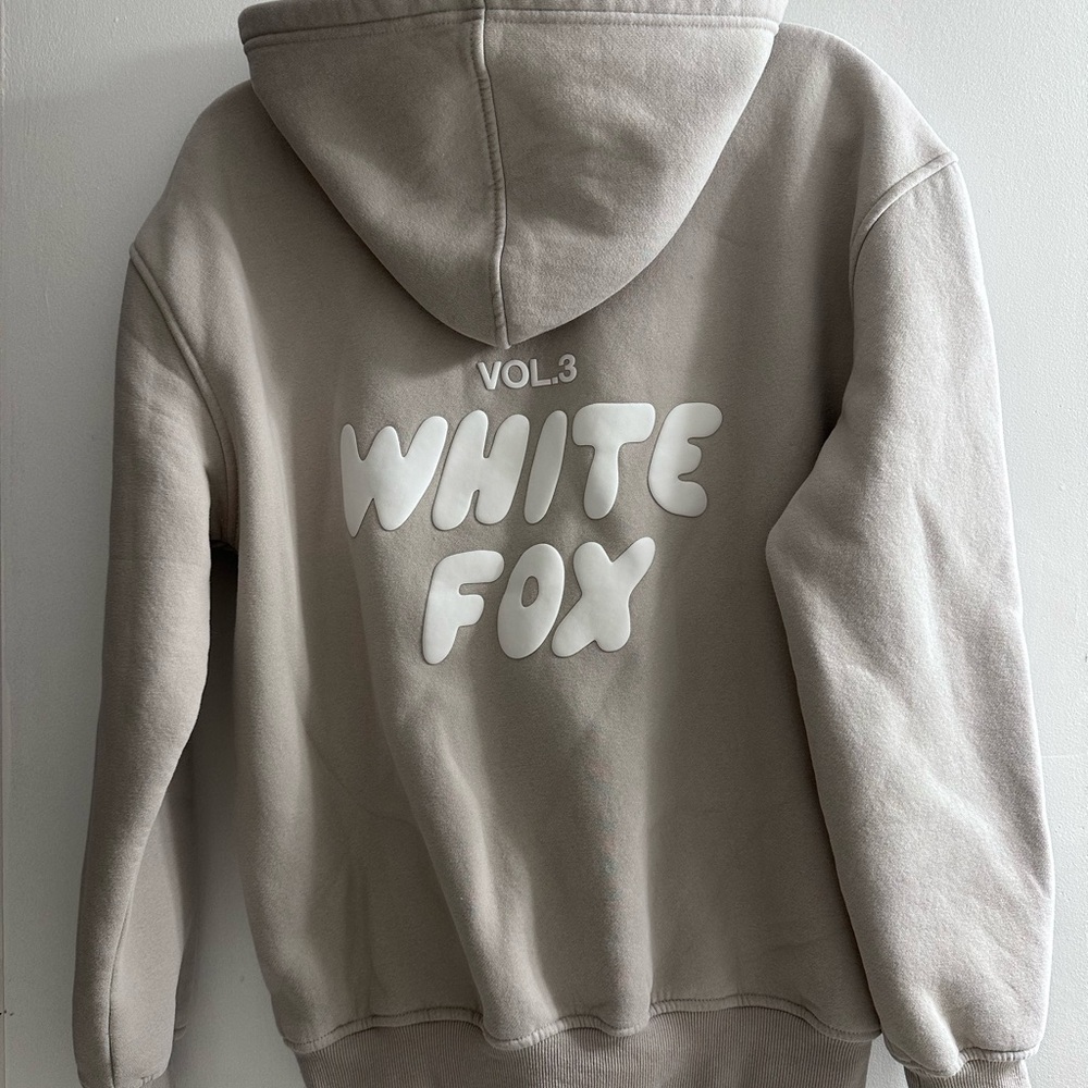 White Fox Boutique Beige Logo Hoodie with White Text color:Moon